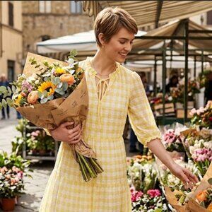 Nanette Lepore Yellow Gingham Swiss Dot Tiered Midi Dress Ruffle Tie Neck - Sz4